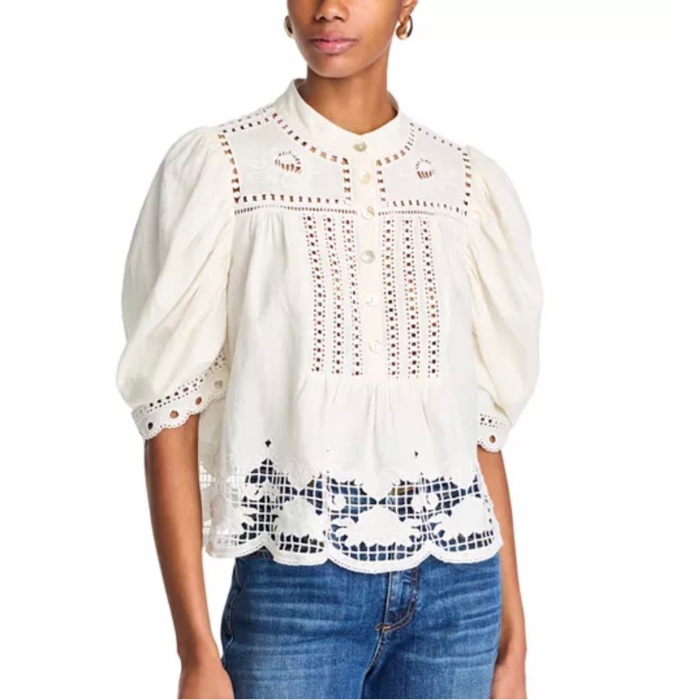 FARM Rio Romantic Richelieu Puffed Sleeve Blouse - Picture 3 of 16